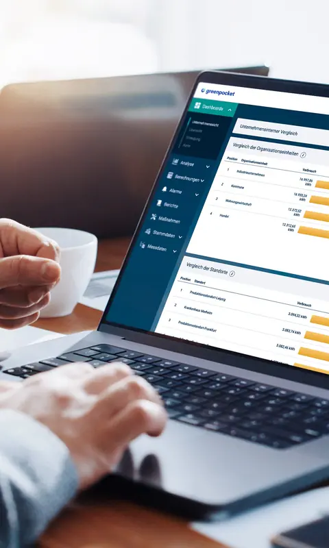 Person am Laptop mit geöffnetem Greenpocket-Dashboard zur Analyse und Visualisierung von Energiedaten