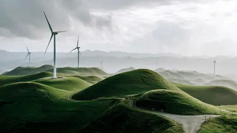 Windkraftanlagen auf grünen Hügeln vor bewölktem Himmel. KI-generierter Inhalt.